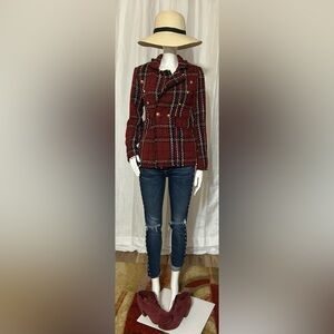 Tailored Double Breasted Plaid Burgundy Blazer Jacket Size S